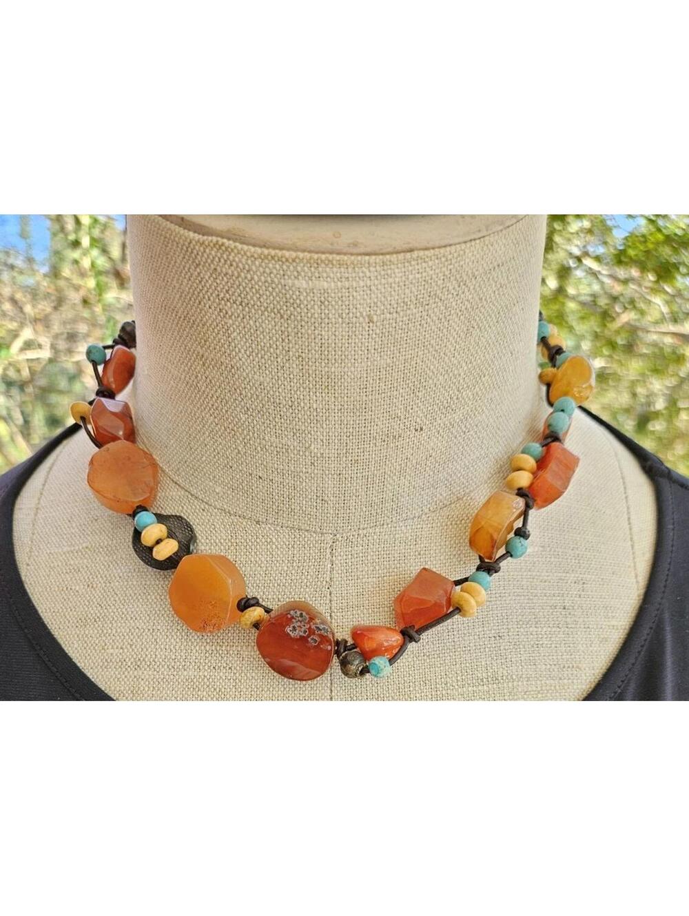 Signed PEYOTE BIRD 925 Silver Natural Multi Gemstone Brown Leather Cord Necklace